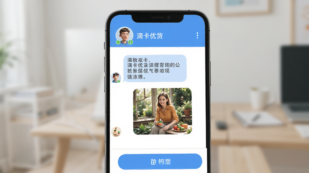 滴卡优货在线沟通界面预览图,展示手机对话窗口,对话气泡中包含文字和图片信息,顶部显示双方头像和用户名,界面风格清爽友好,按钮功能明确,画质清晰,无多余元素。