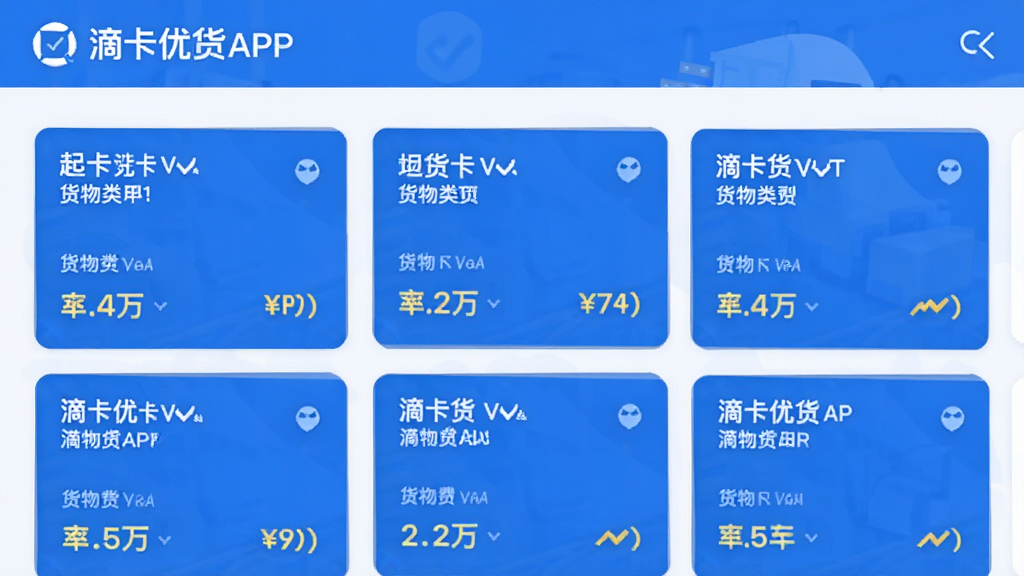滴卡优货APP的“海量货源”功能界面预览图,展示列表形式的各种货物订单卡片,包含起止地点、货物类型、运费金额等清晰信息,界面设计简洁现代,以蓝色为主色调,卡片布局整齐,画质清晰干净,带有“滴卡优货”品牌标识,无多余元素。