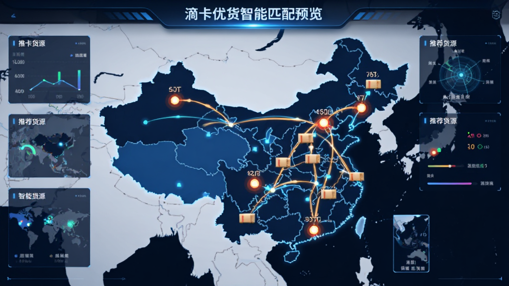 展示滴卡优货智能匹配功能的预览图,画面中央是一张中国地图,上面有动态的货物运输路线连接线和闪烁的推荐货源点,界面科技感强,信息可视化,布局合理,色彩鲜明,干净无多余装饰。