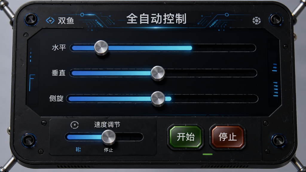 双鱼智能发球机控制面板界面,显示水平、垂直、侧旋三个滑动条,下方有速度调节和开始/停止按钮,深色背景,科技感UI,配文字“全自动控制”,细节丰富,画质细腻