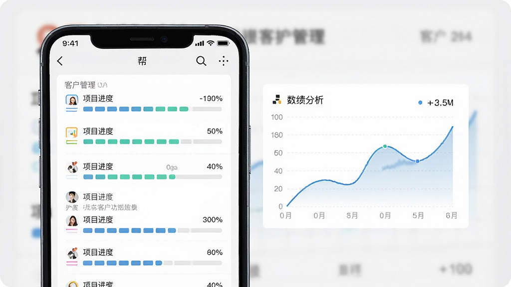 老板帮软件功能界面截图,主体为手机屏幕显示客户管理列表和数据分析图表,布局清晰,排版简洁,现代商务风格,细节包含项目进度条和业绩曲线,高画质,干净,无多余元素