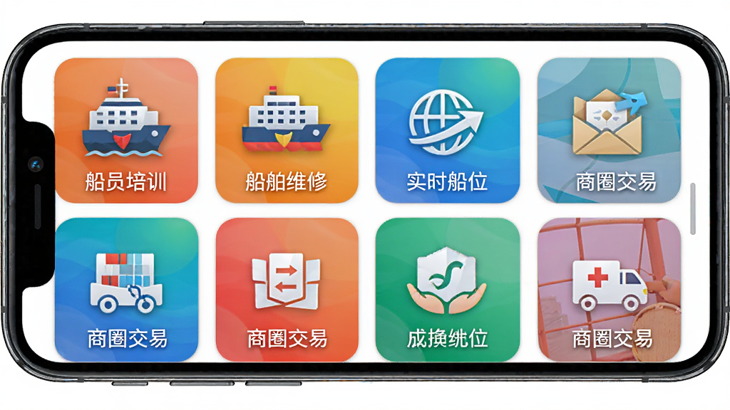 航运中心APP功能展示,展示船员培训、船舶维修、实时船位、商圈交易等图标,多模块网格布局,手机应用截图风格,色彩明快,细节丰富,干净背景,高画质,无多余元素