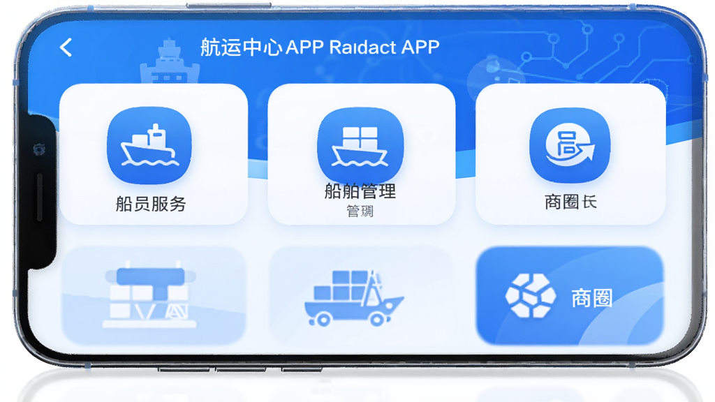 航运中心APP主界面展示,包含船员服务、船舶管理、商圈等模块,手机竖屏,界面简洁现代,蓝色科技风格,布局清晰,图标圆润,整体明亮干净,高画质,无多余元素