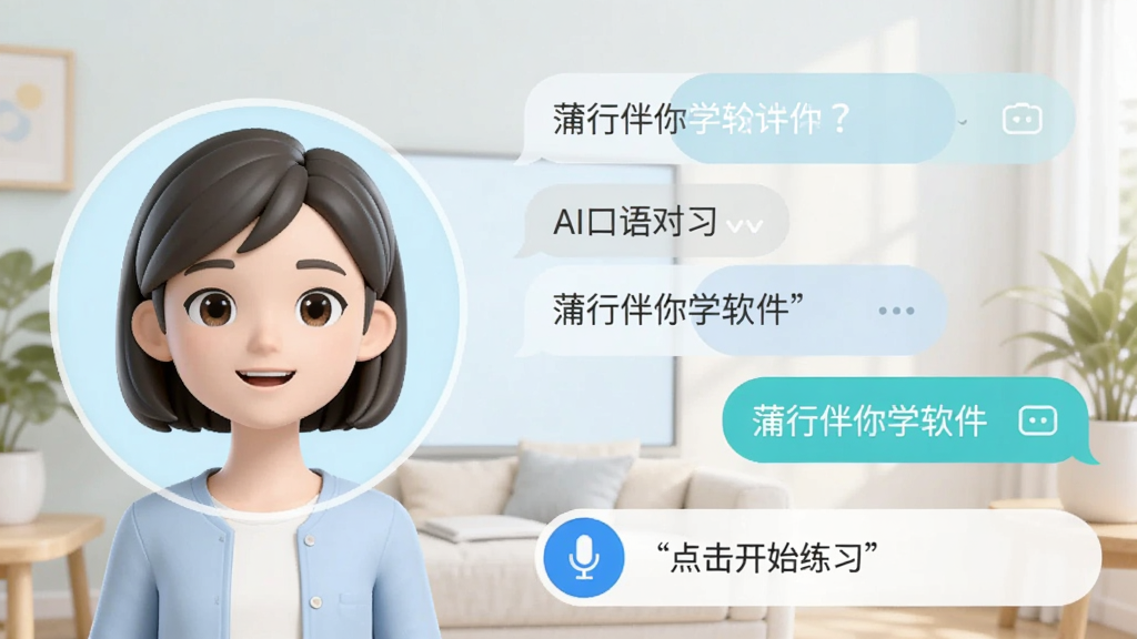 蒲行伴你学软件截图,展示AI口语对话界面,左边是AI虚拟人物头像,右侧是对话气泡,底部有麦克风按钮和提示文字“点击开始练习”,整体配色清新明亮,界面简洁,画质干净,无多余元素