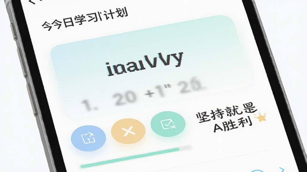 蒲行伴你学APP的AI速记词功能界面,屏幕上方显示“今日学习计划”,中间是一个单词卡片,下方有四个选项按钮,旁边有进度条和鼓励标语“坚持就是胜利”,整体设计现代简约,色彩柔和,画质干净,无多余元素