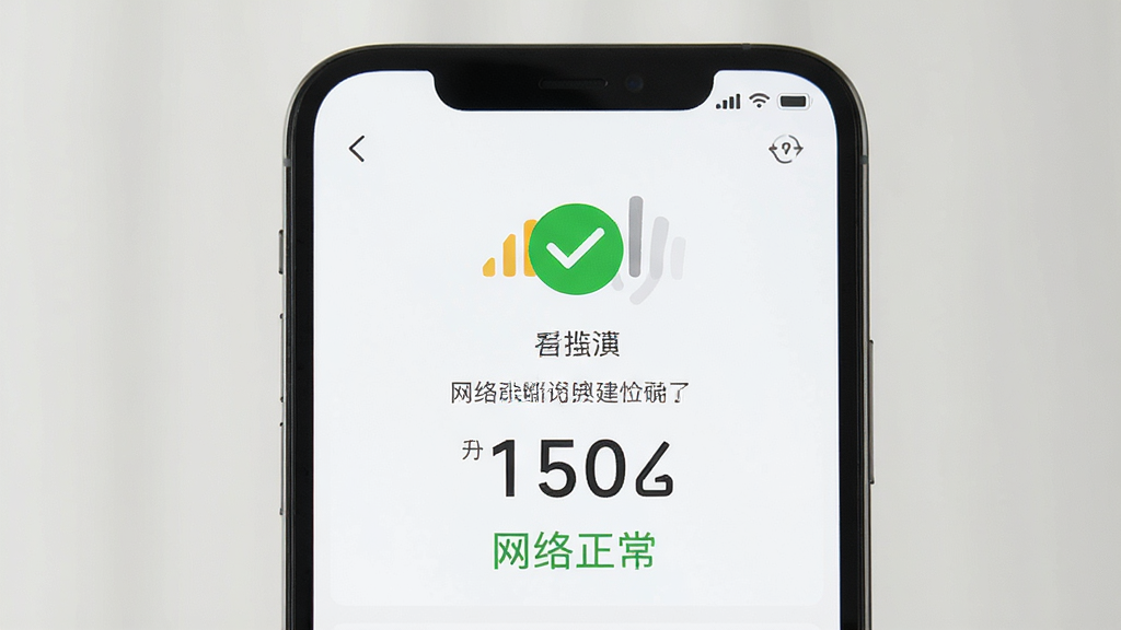 监控看家手机端网络诊断功能操作界面,主体为手机屏幕显示诊断结果页面,包含信号强度图标和网络延迟数值,布局居中,排版直观,风格简约清新,细节展示绿色对勾和“网络正常”字样,画质干净无多余元素