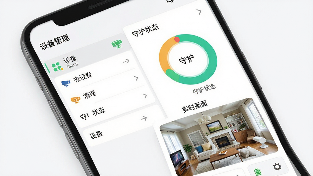 监控看家手机端界面展示,主体为手机屏幕上的家庭监控画面,布局清晰,包含设备列表、守护状态环形图、实时画面预览,排版简洁,现代扁平化风格,细节展示摄像头状态图标和电量指示,画质高清,干净无多余元素,屏幕内文字标注“设备管理”“守护状态”“实时画面”
