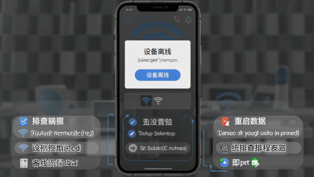 监控看家手机端设备离线排查流程示意图,主体为手机屏幕显示“设备离线”提示框,下方列出排查步骤清单,布局清晰,排版有序,风格简洁专业,细节展示Wi-Fi图标和重启按钮,画质干净无多余元素