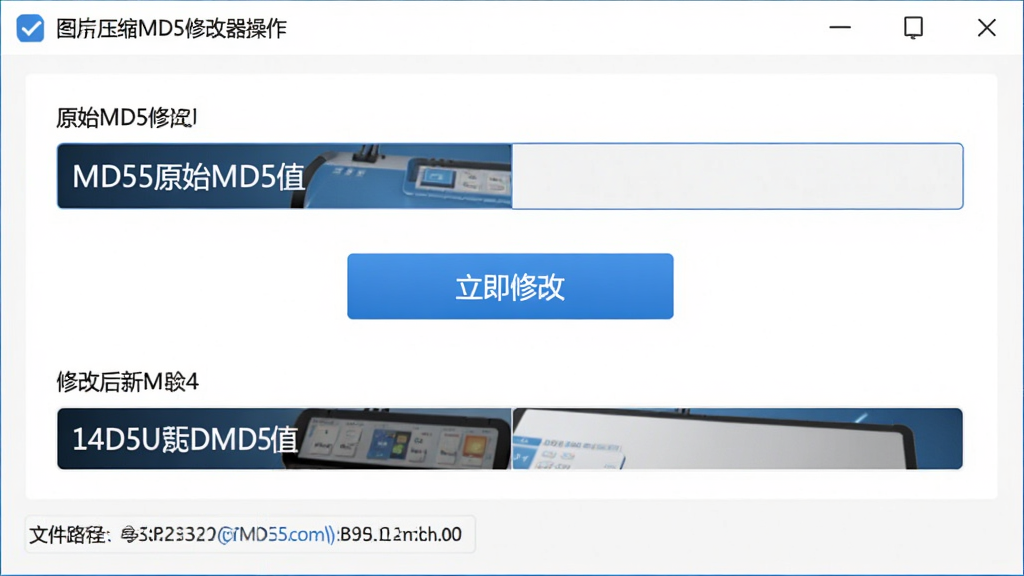 ͼƬѹ��MD5�޸�������ҳ�棬����ΪMD5�޸Ĺ��ܽ��棬���ּ�࣬�Ϸ���ʾԭʼMD5ֵ���·���ʾ�޸ĺ����MD5ֵ���м�Ϊ�������޸ġ���ť������Լ������ɫ������Ϊ����ϸ�ڰ����ļ�·��չʾ�����ʸ��壬�ɾ��޶���Ԫ��