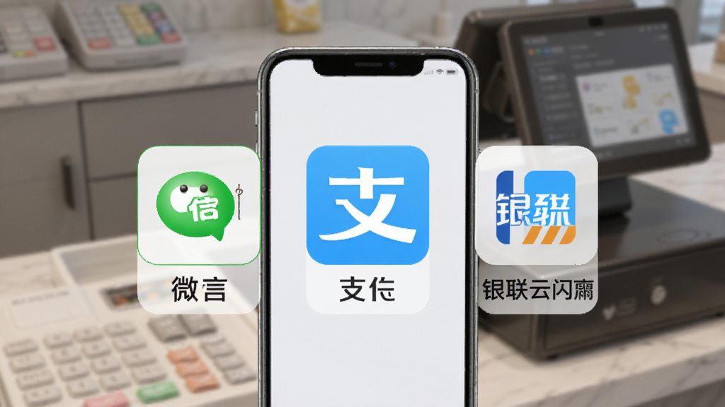 会生活多种收款方式展示,手机屏幕显示微信支付、支付宝、银联云闪付图标,背景为收银台,布局居中,排版整齐,风格写实,细节清晰,画质高清干净无多余元素