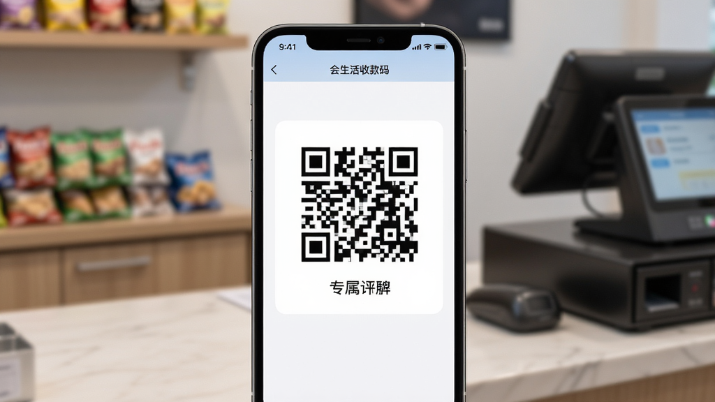 会生活收款码申请界面,手机展示专属二维码,背景为实体店铺收银台,界面简洁,布局居中,风格写实,细节清晰,画质高清干净无多余元素