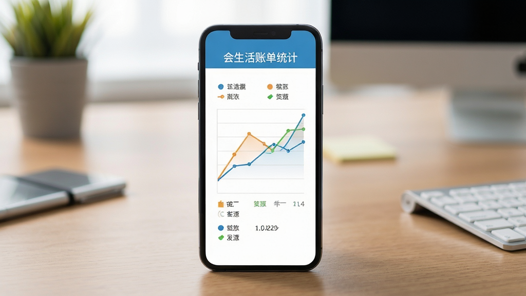 会生活账单统计界面,手机展示折线图与饼图,背景为办公桌面,布局清晰,排版整洁,风格扁平,细节丰富,画质高清干净无多余元素
