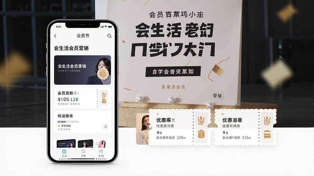 会生活会员营销界面,手机展示会员卡与优惠券,背景为促销海报,布局清晰,排版时尚,风格简约,细节丰富,画质高清干净无多余元素