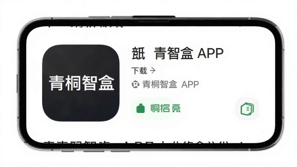 青桐智盒APP下载页面展示,手机屏幕显示应用商店下载界面,应用图标上有“青桐智盒”字样,背景为纯白,风格极简,画质高清,干净整洁