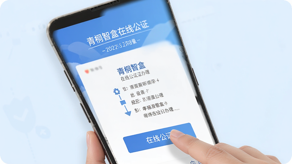 手机屏幕展示青桐智盒在线公证办理流程,用户点击“在线公证”按钮,界面清晰显示步骤指引,背景为淡蓝色调,扁平化设计,细节丰富,画质干净