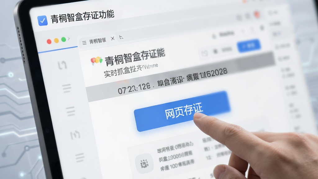 青桐智盒存证功能界面特写,用户点击“网页存证”按钮,页面展示实时抓取网页过程,带有时间戳和哈希值数据,背景为科技感浅灰色,图标简洁大方,画质清晰