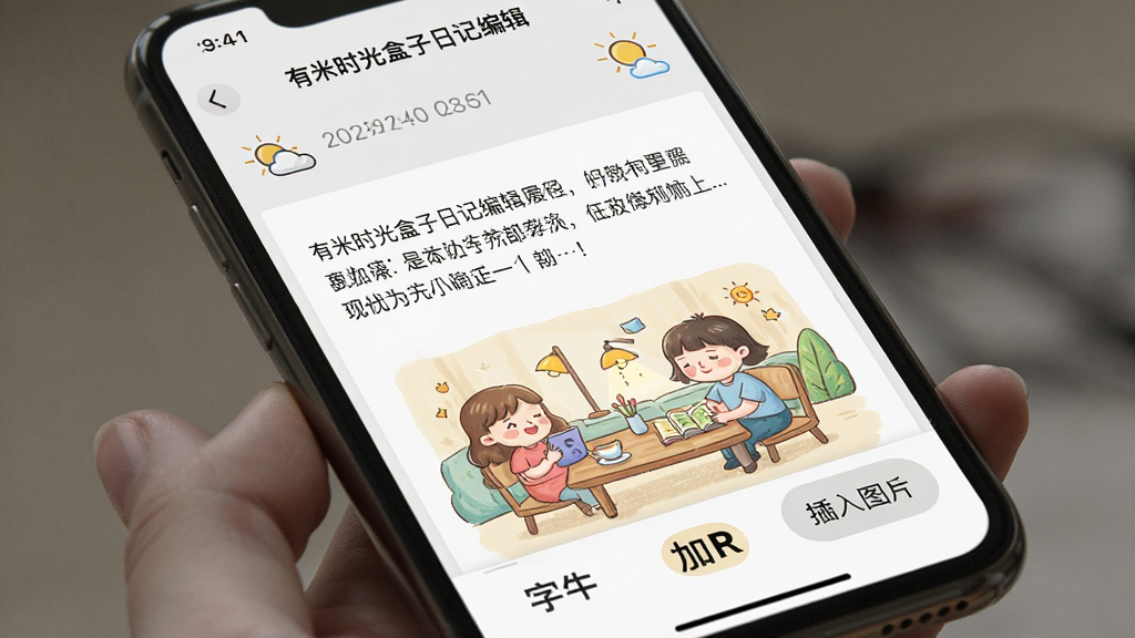 ����ʱ������ռǱ༭���棬��������������ͼ�꣬�����������������ͼ���ײ���������������ɫ���Ӵ֡�����ͼƬ��ť��ģ���ֻ���ĻЧ����ǳɫ���⣬�Ű����ʣ�ϸ����ʵ�������������޶���Ԫ��