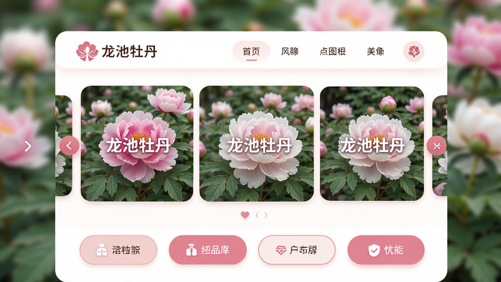 ���壺����ĵ��Ӧ�ý��棬չʾĵ���������Ʒ���У����֣��Ϸ�ΪƷ��Logo�뵼�������в�Ϊ��ƷͼƬ�ֲ����·�Ϊ���ܰ�ť�����Ű棺���������ͻ��ĵ��Ԫ�أ����������Ȼ��ɫ���Է۰�Ϊ����ϸ�ڣ�ͼƬ�д��С�����ĵ��������������ͼ��Բ�󣬱����黯�����ʣ�������Ⱦ���ɾ��޶���Ԫ��