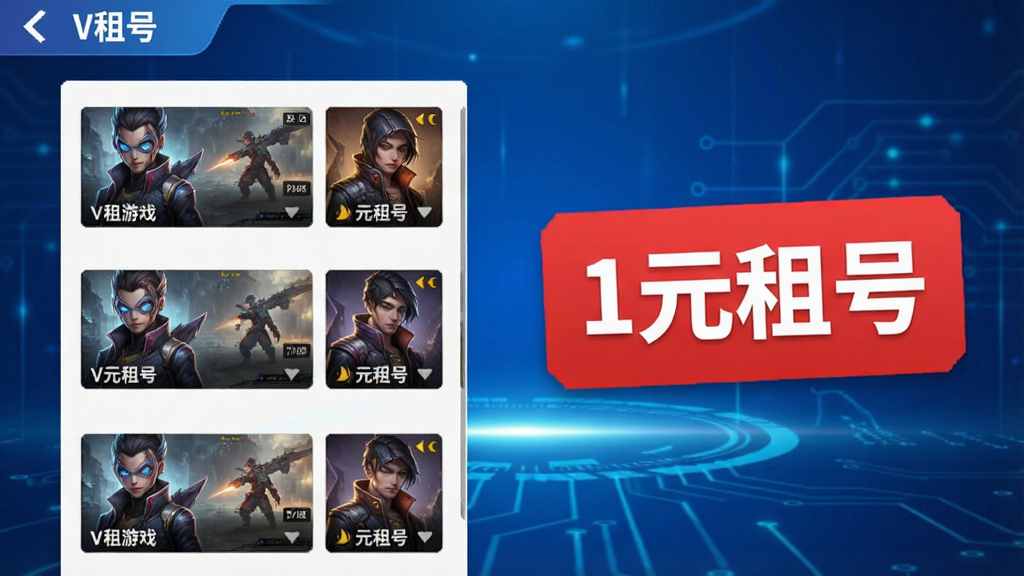 游戏角色界面展示,V租号APP页面布局,左边是游戏列表,右边显示“1元租号”红色标签,背景为科技感蓝色调,干净简洁,画质清晰