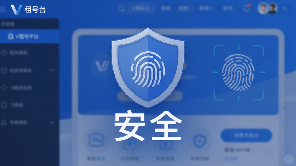 盾牌图标与“安全”字样,背景为V租号平台界面,采用蓝色主色调,配有指纹认证图形,构图居中,风格简约大气,画质高清