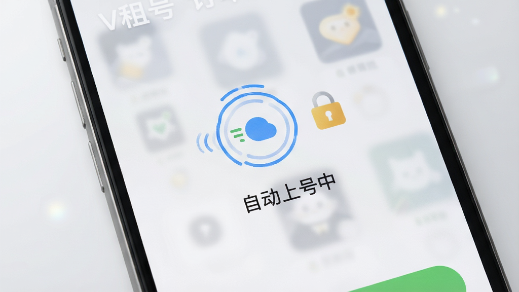 手机屏幕显示V租号订单成功界面,带有“自动上号中”动态图标,旁边有安全锁标志,背景为浅灰色渐变,整体风格清爽,细节丰富,干净无多余元素