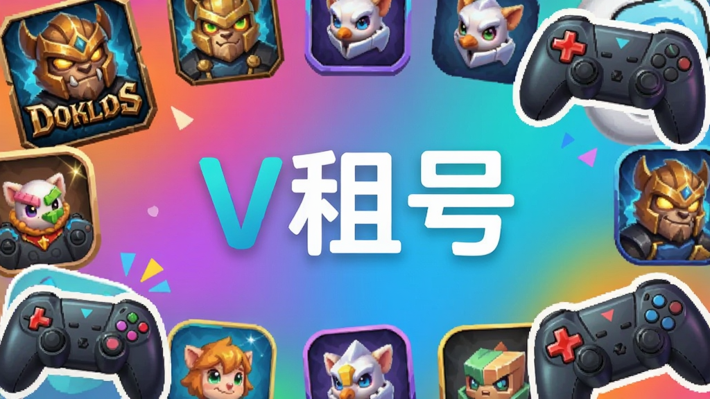 各类游戏图标拼贴,包括端游、手游,中央显示V租号字样,背景为彩色渐变,布局错落有致,风格活泼,细节丰富,干净无多余元素