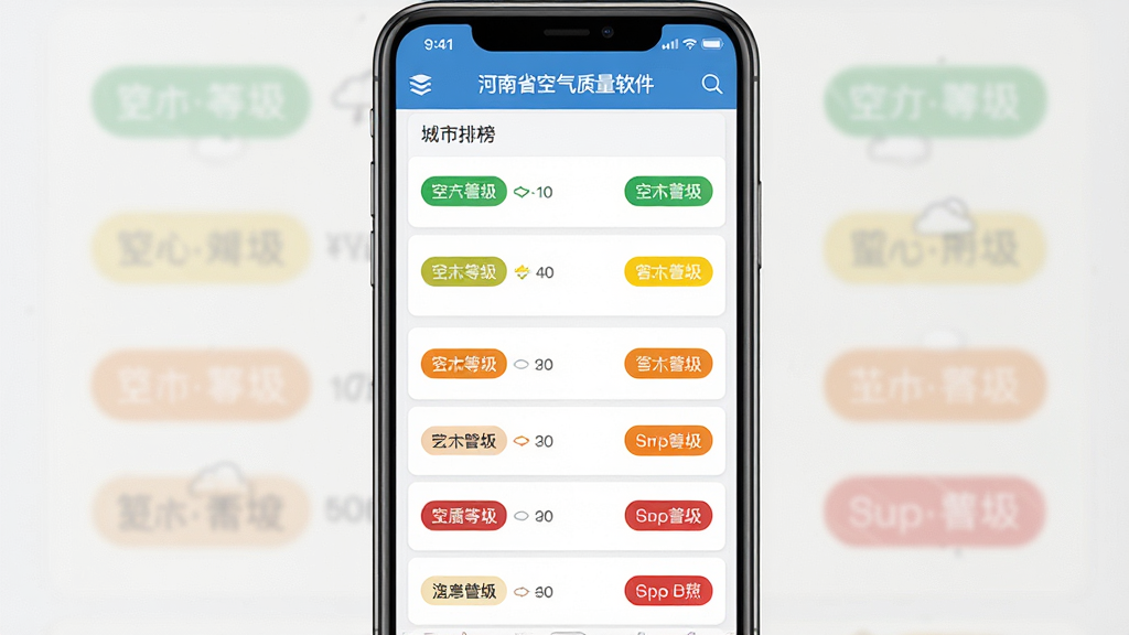 河南省空气质量软件的城市排行榜列表界面截图,主体是手机界面居中显示列表数据,布局清晰,排版整齐,风格扁平化设计,细节包括绿色黄色橙色红色等不同空气质量等级的颜色标签,画面干净,无多余元素,高画质