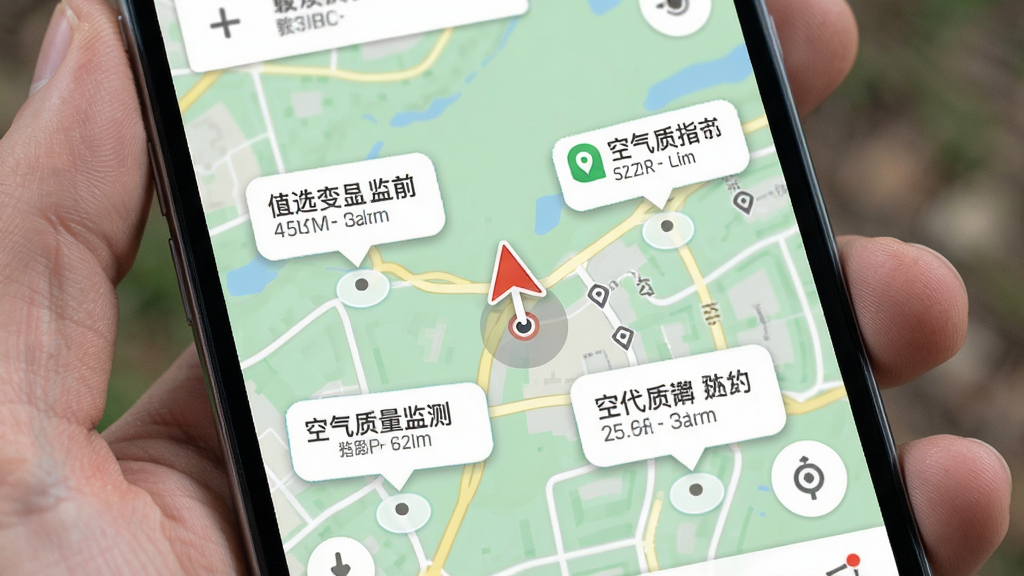 手机地图界面显示用户当前位置与周边空气质量监测站点图标,主体是地图定位页面,布局上以地图为底,中间有定位箭头与站点气泡,排版简洁,风格写实,细节包含站点名称与距离标识,画质清晰干净