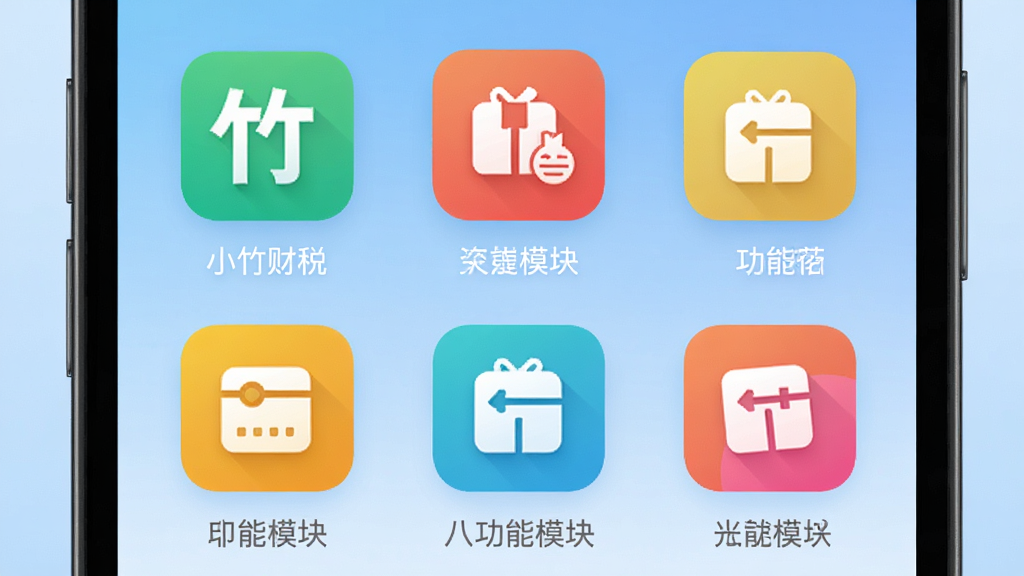 手机界面展示小竹财税八大功能模块图标,布局整齐,色彩明亮,UI设计现代简洁,背景为浅蓝色渐变,画质高清,无多余元素
