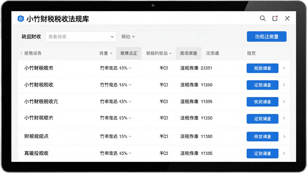 展示小竹财税税收法规库界面,列表清晰分类明确,背景为白色,文字黑色,蓝色按钮点缀,整体风格干净专业,画质高清,无多余元素