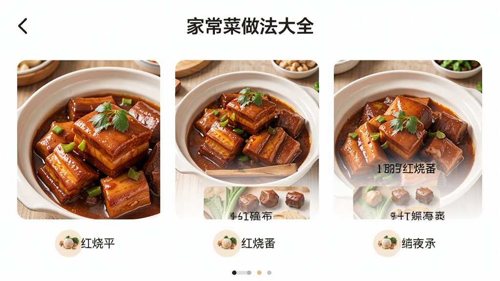 家常菜做法大全应用界面截图,展示一道红烧肉的详细步骤,布局清晰,步骤图与文字对应,风格简洁,细节丰富,画质干净,无多余元素