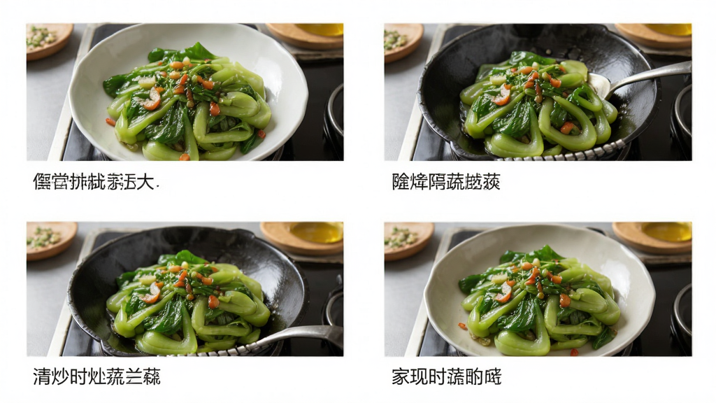 家常菜做法大全的步骤详情页,展示一道清炒时蔬的四个关键步骤,每步都有实物照片和简短说明,页面简洁清爽,图片清晰,文字标注准确,画质干净,无多余元素