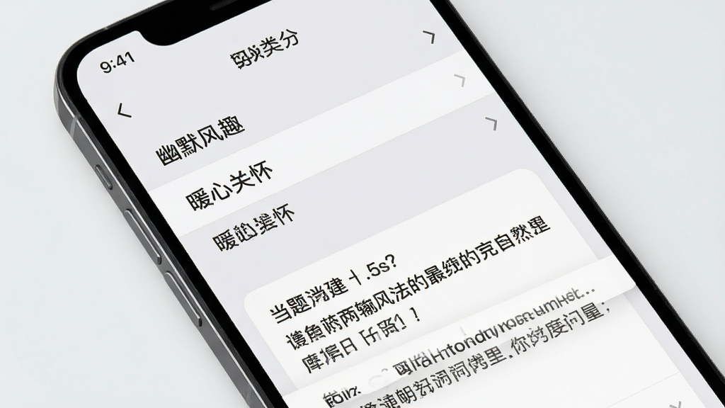 高情商输入法功能展示,手机屏幕显示分类列表如“幽默风趣”、“暖心关怀”,点击后展示话题内容,背景浅灰色,界面清爽,文字清晰,高画质,干净无多余元素