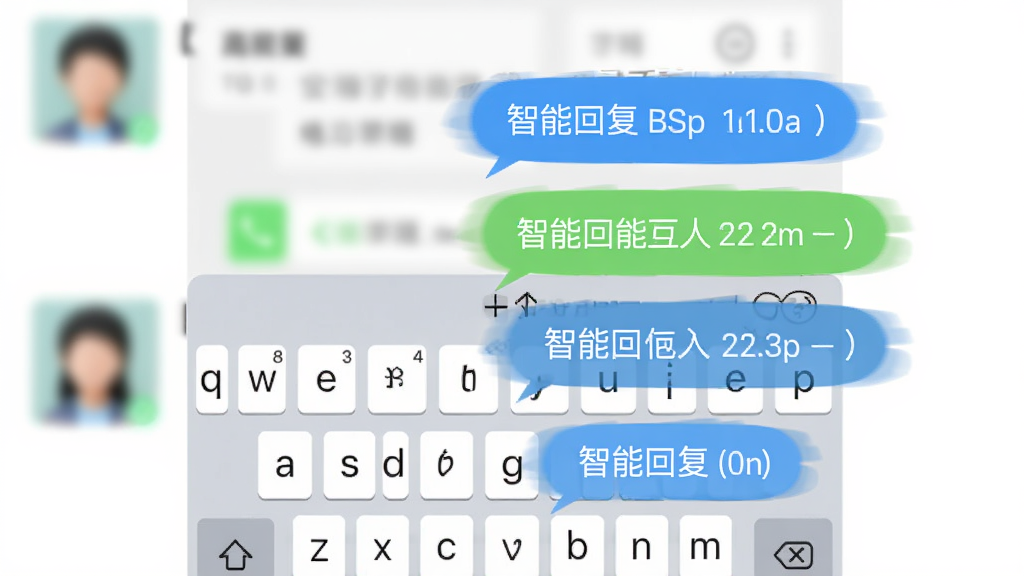 高情商输入法应用界面,虚拟键盘弹出多条智能回复气泡,背景为微信聊天窗口,人物头像模糊处理,界面简洁明亮,风格扁平化,高画质,干净无多余元素