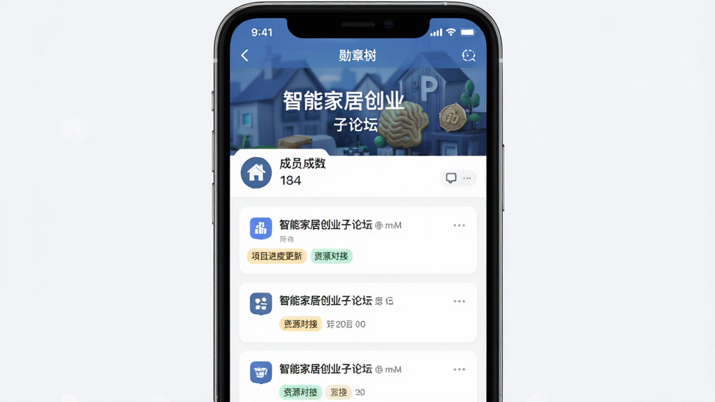 勋章树APP界面截图,主体是手机屏幕展示一个名为“智能家居创业”的子论坛页面,布局清晰,上方有论坛头图与成员数,下方是帖子瀑布流。排版采用卡片式,风格现代简洁,细节上显示有“项目进度更新”、“资源对接”等标签。画质高清,画面干净无多余元素。