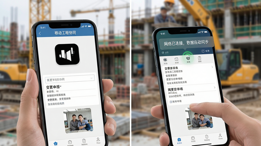 特写镜头:一只手在无信号图标的手机上操作“移动工程协同”应用,填写变更申报表单并拍照,随后手机上方出现“网络已连接,数据自动同步”的提示,背景为模糊的施工现场,画面干净,突出离线功能,画质高清