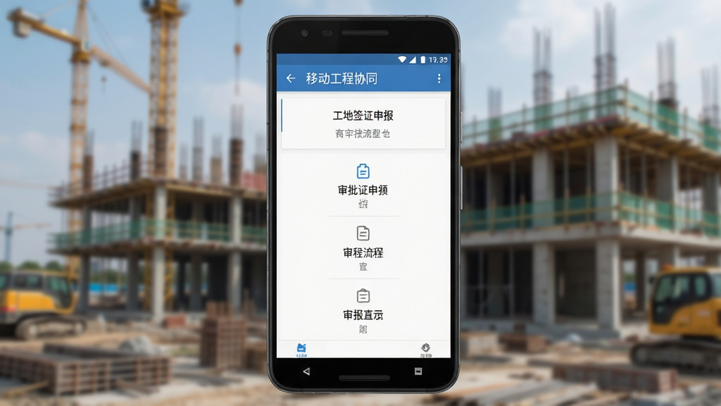 一款名为“移动工程协同”的安卓手机应用界面截图,屏幕显示工地签证申报、审批流程等核心功能模块,界面简洁清晰,背景为模糊的现代建筑工地,整体风格专业务实,画质高清,干净无多余元素