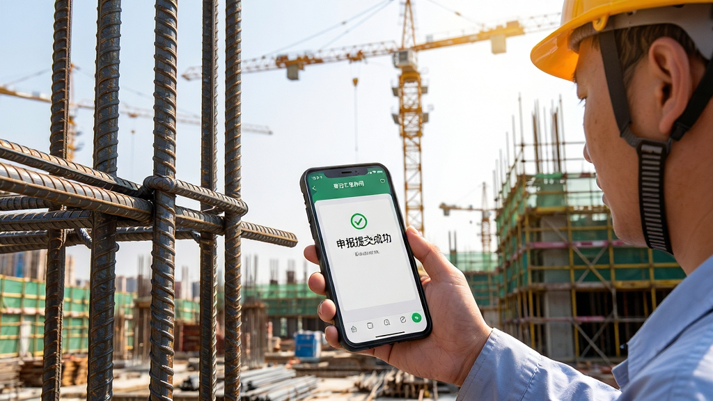 工程师在建筑工地现场手持手机,打开“移动工程协同”应用,正在对一处钢筋绑扎节点进行拍照取证,屏幕清晰显示“申报提交成功”的提示,背景是塔吊和施工脚手架,阳光明媚,画面真实自然,细节丰富,干净无杂乱元素