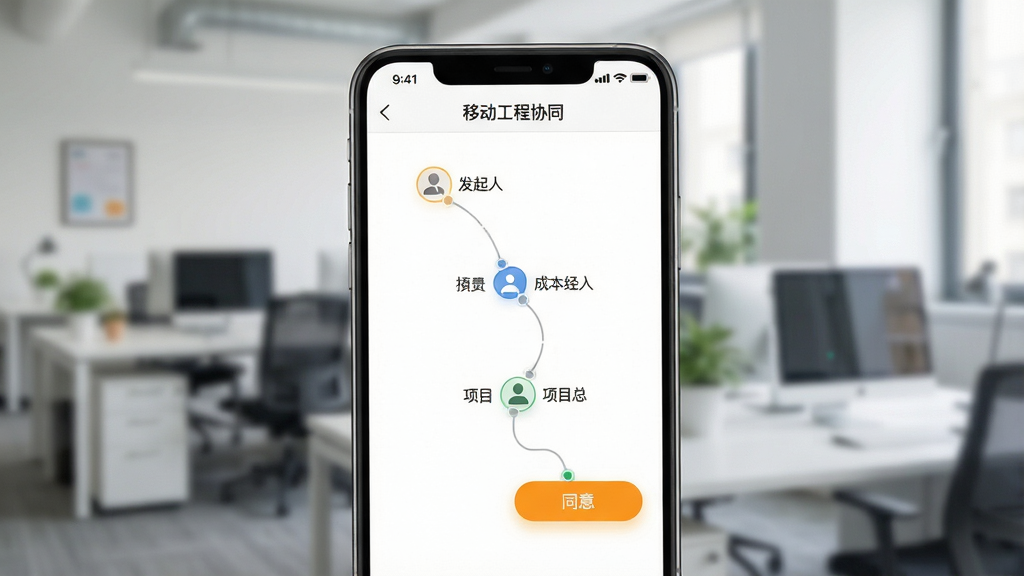 手机屏幕展示“移动工程协同”的审批详情页,一条流程路径清晰显示发起人、成本经理、项目总等节点,当前节点高亮并带有“同意”按钮,界面设计简洁,信息层级分明,背景为虚化的办公场景,画质干净,无多余元素