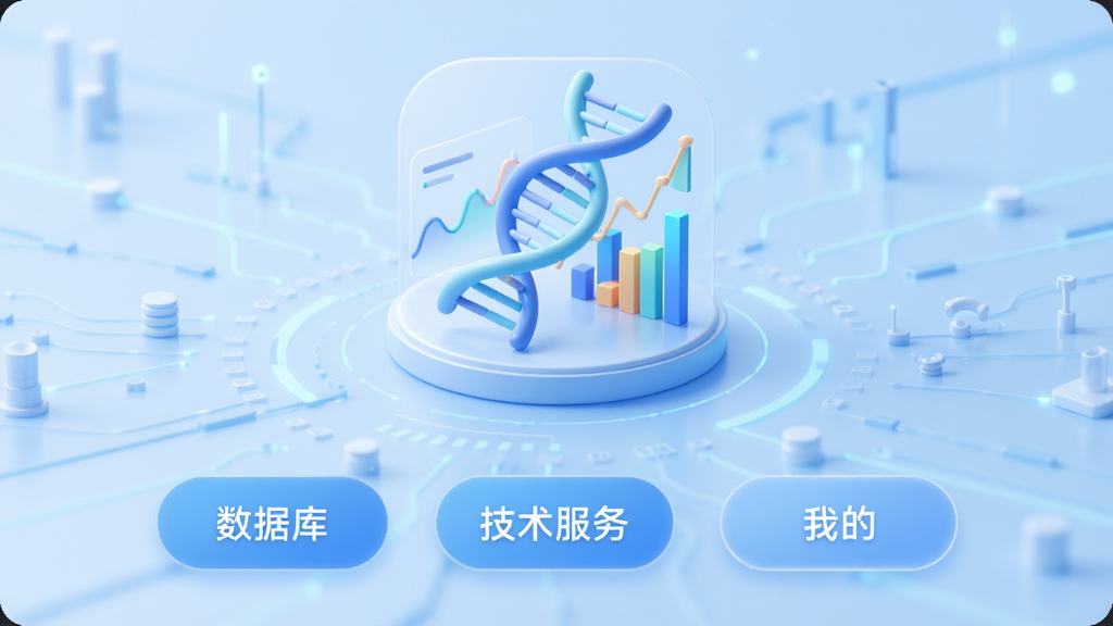 �࿵APP������չʾ��ǳ��ɫ�Ƽ��б�����������DNA˫����������ͼ���ںϵ�����ͼ�꣬�·����С����ݿ⡱�����������񡱡����ҵġ�����Բ��ť�����������ִ������ʸ����������޶���Ԫ�ء�