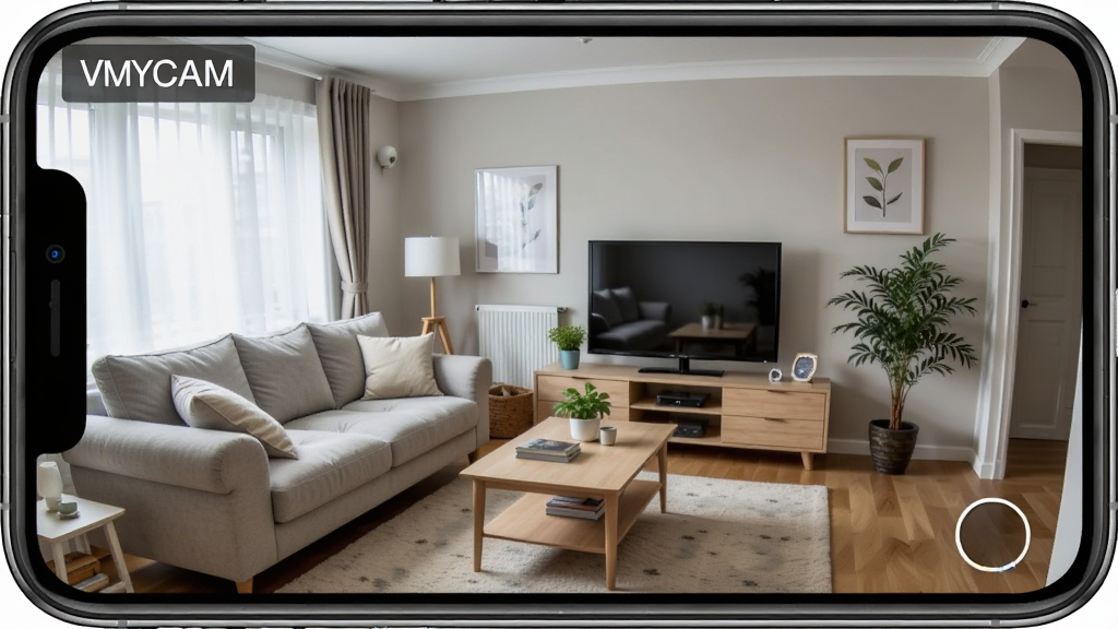 VMYCAM 手机实时监控画面,清晰展示客厅场景,画面左上角显示“VMYCAM”字样,布局简洁,风格写实,细节丰富,画质高清,干净无多余元素
