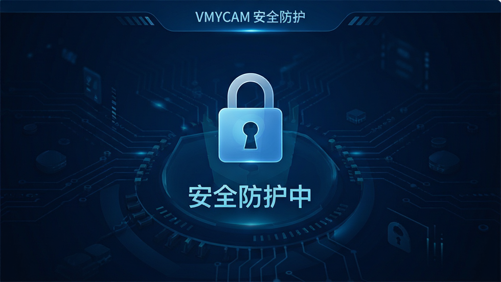 VMYCAM 安全防护界面,显示加密锁图标和“安全防护中”文字,背景为深蓝色科技感风格,布局居中,排版简洁,画质高清,细节丰富,干净无多余元素