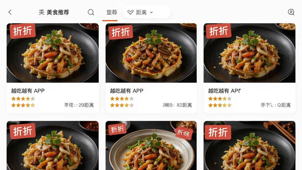 越吃越有APP美食推荐页面,主体为餐厅菜品高清图与折扣标签,布局采用卡片式列表,排版整齐,风格明快,细节显示评分和距离,画质干净无多余元素