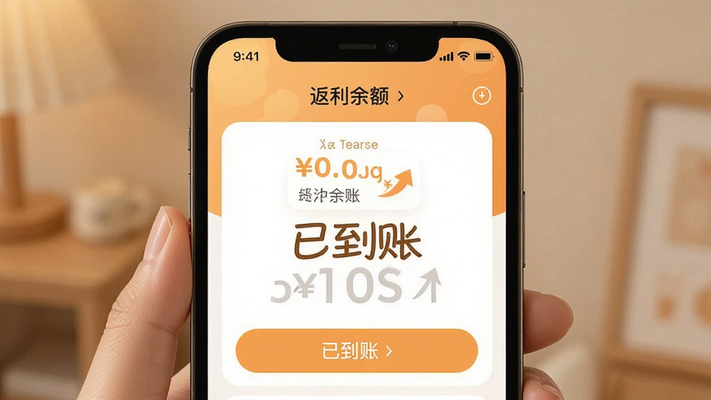 越吃越有返利到账截图,主体为手机界面显示返利余额增加,布局简洁,排版直观,风格温馨,细节突出“已到账”字样,画质清晰无冗余