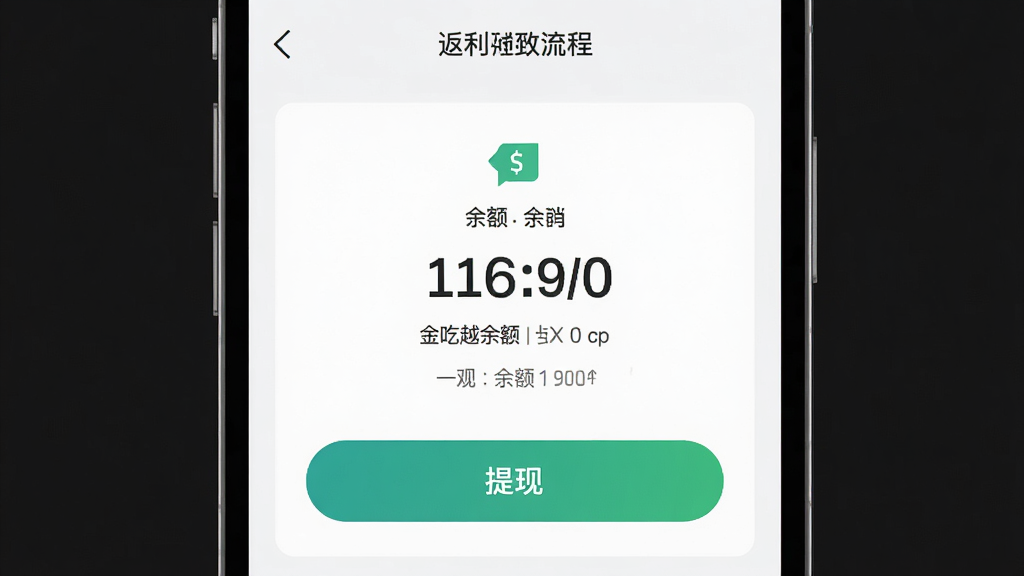 越吃越有APP返利流程界面,主体为手机屏幕展示返利到账通知,布局居中,排版清晰,风格简约现代,细节包括余额数字和提现按钮,画质高清干净无多余元素