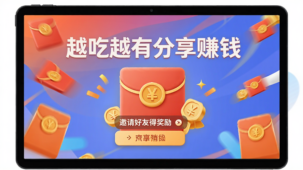 越吃越有分享赚钱页面,主体为邀请好友得奖励横幅,布局居中,排版友好,风格活泼,细节显示现金红包图标,画质高清无多余元素