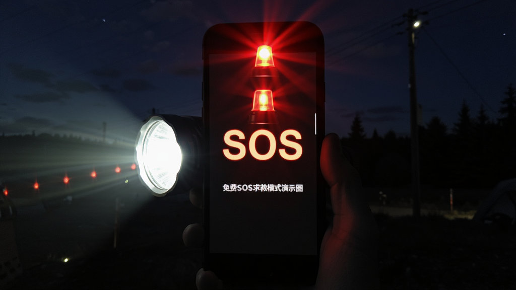 超亮光手电筒免费SOS求救模式演示图,主体为手机屏幕显示SOS字样与红色警示灯,背景为暗色调郊外夜景,布局突出中心屏幕,排版简洁,风格写实,细节包括闪烁光效与求救信号,画质高清,无多余元素