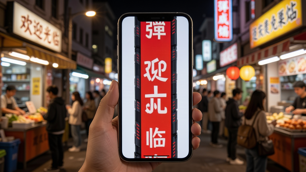 超亮光手电筒免费弹幕功能场景图,主体为手机屏幕显示“欢迎光临”红色滚动字幕,背景为夜晚街头店铺,布局以手机为中心,排版活泼,风格卡通写实结合,细节包括灯光与人群,画质清晰,无多余元素