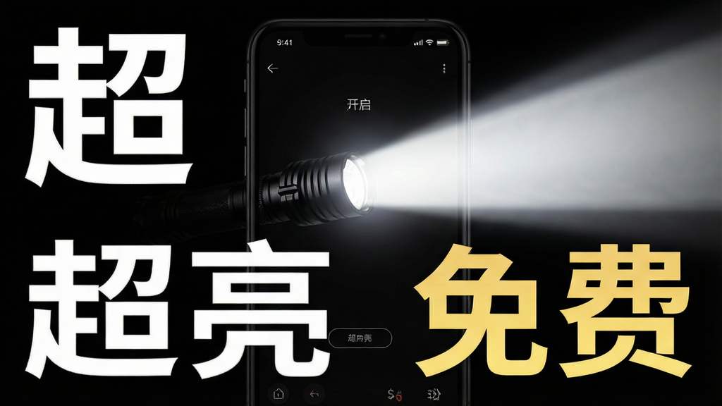 超亮光手电筒免费应用界面展示,主体为手机屏幕内的高亮手电筒开启界面,周围黑暗背景,中央有明亮的白色光束射出,布局简洁干净,突出“超亮”与“免费”字样,排版清晰,风格写实,细节丰富,画质高清,无多余元素