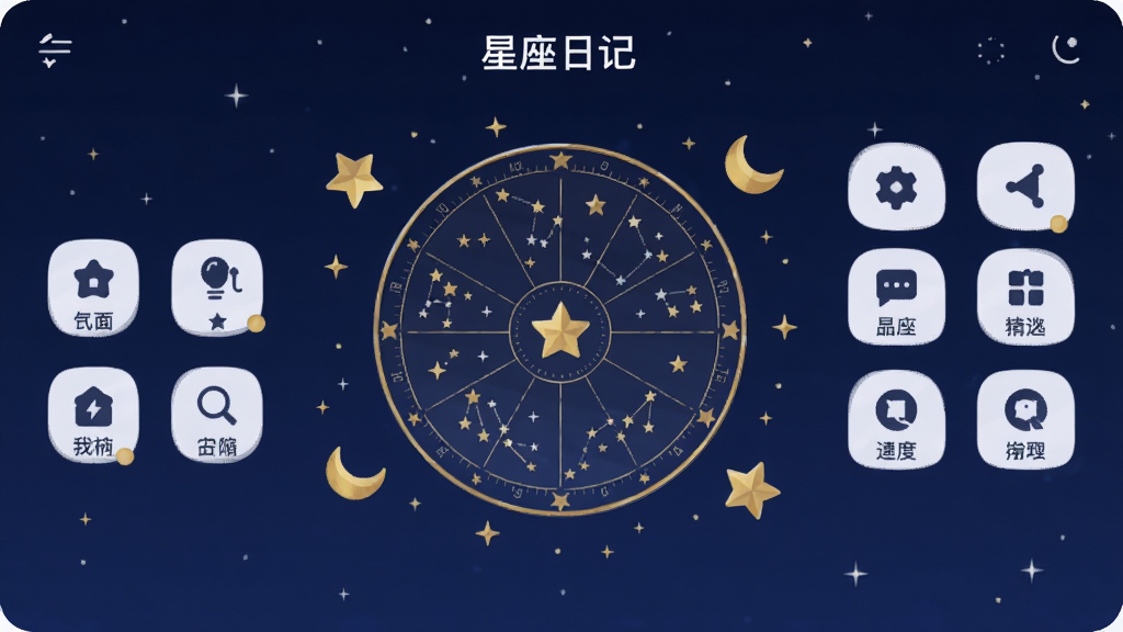 һ����Ϊ�������ռǡ����ֻ�Ӧ�ý��棬����Ϊ����ɫ�ǿձ���������չʾ�������̣���Χ���ƽ�ɫ���Ǻ�����ͼ�꣬���沼������������ͼ���������룬���ñ�ƽ����Ʒ�񣬻���ϸ��ɾ����޶���Ԫ��